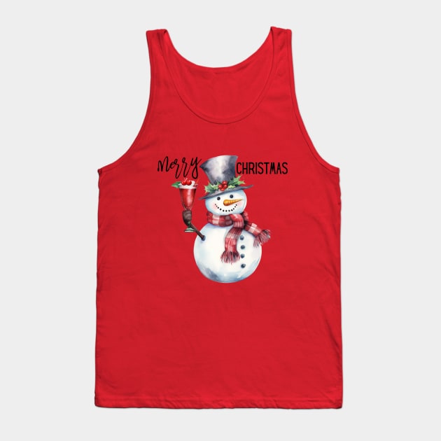 Cute Snowman in Red Scarf Holding a Christmas Drink with Berries Tank Top by mw1designsart